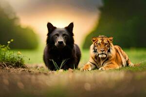 a black dog and a tiger laying in the grass. AI-Generated photo