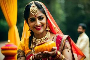 un hermosa indio novia en tradicional atuendo participación un amarillo maceta. generado por ai foto