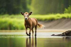 a brown horse is walking through a river. AI-Generated photo