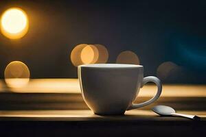 a cup of coffee on a table with a light in the background. AI-Generated photo