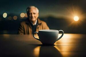 un mayor hombre se sienta a un mesa con un taza de café. generado por ai foto