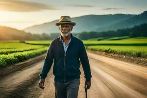 an older man walking down a dirt road with a cane. AI-Generated photo