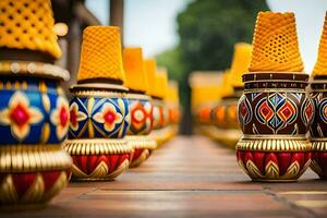 colorful vases lined up on a walkway. AI-Generated photo