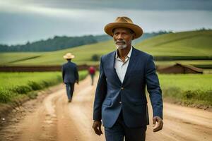 un hombre en un traje y sombrero caminando abajo un suciedad la carretera. generado por ai foto