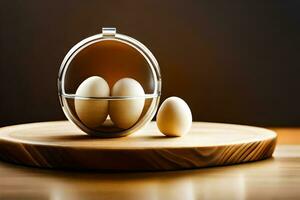 two eggs are sitting on top of a wooden table. AI-Generated photo