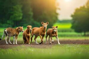 four brown horses walking in the grass. AI-Generated photo