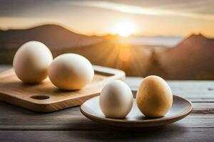 eggs on a wooden table with the sun setting behind them. AI-Generated photo