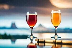 dos lentes de cerveza en un mesa con un ver de el océano. generado por ai foto