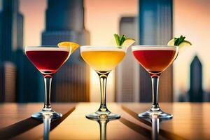 three different cocktails in glasses on a table with city skyline in the background. AI-Generated photo