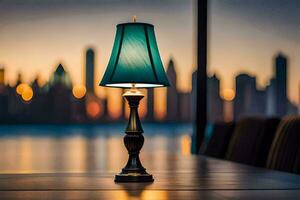 a lamp on a table in front of a city skyline. AI-Generated photo