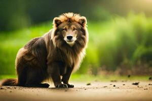 a lion is sitting on the ground in front of a green field. AI-Generated photo