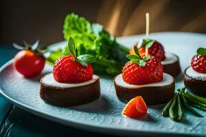 pequeño aperitivos con fresas y queso en un lámina. generado por ai foto