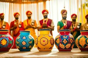 a group of men in colorful outfits standing around a table with vases. AI-Generated photo