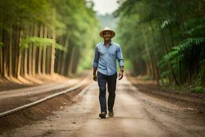 a man wearing a hat walks down a dirt road. AI-Generated photo