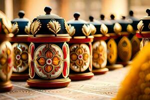 a row of decorative vases lined up on a table. AI-Generated photo