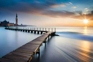 un largo muelle estiramientos dentro el Oceano a puesta de sol. generado por ai foto