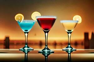 three different colored cocktails sit on a table. AI-Generated photo