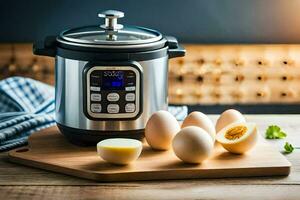 an instant pot with eggs and a knife. AI-Generated photo