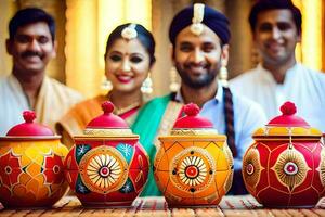 a couple and their friends pose for a photo with colorful pots. AI-Generated