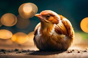 a chicken is sitting on the ground with a bokeh background. AI-Generated photo