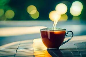a cup of coffee on a table with a blurred background. AI-Generated photo