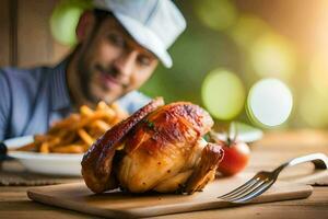 un hombre en un cocinero sombrero es participación un pollo. generado por ai foto