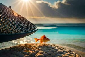 a fish is sitting on the sand next to a beach. AI-Generated photo