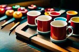 a tray with several coffee cups and a knife. AI-Generated photo