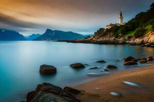 a lighthouse sits on the shore of a beach with rocks and water. AI-Generated photo