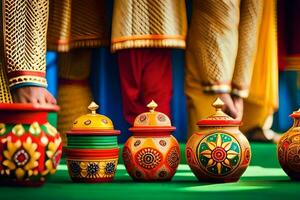 a group of colorful pots and vases on a green surface. AI-Generated photo