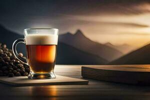 a glass of beer on a table with a mountain in the background. AI-Generated photo