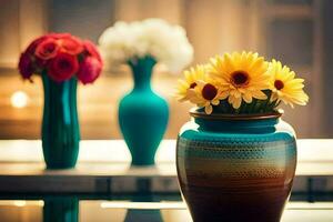 three vases with flowers sitting on a table. AI-Generated photo