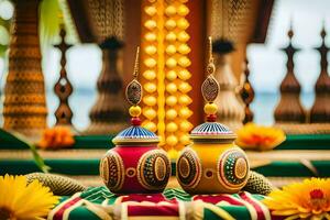two colorful pots sitting on a table with flowers. AI-Generated photo