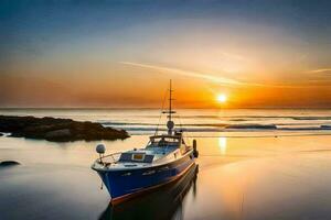a boat sits on the beach at sunset. AI-Generated photo