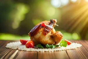 chicken on a wooden table with tomatoes and herbs. AI-Generated photo