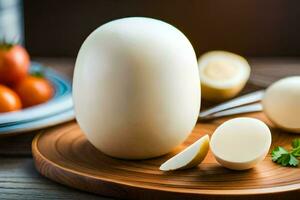 a white egg on a cutting board with tomatoes and a knife. AI-Generated photo