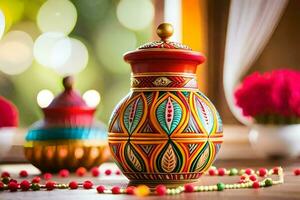 colorful vases on a table with beads and flowers. AI-Generated photo