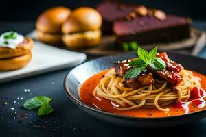 spaghetti with meat sauce and bread on a black background. AI-Generated photo