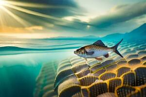 pescado nadando en el Oceano con un Dom brillante. generado por ai foto