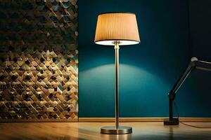 un lámpara es en un de madera piso en frente de un azul pared. generado por ai foto