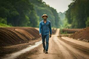 un hombre en un sombrero camina abajo un suciedad la carretera. generado por ai foto