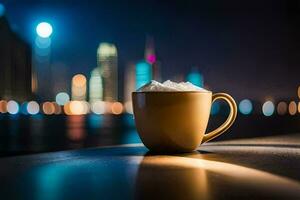 coffee mug on the table with city lights in the background. AI-Generated photo