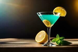 blue cocktail with lemon and mint on a wooden table. AI-Generated photo