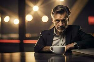 a man in a suit sits at a table with a cup of coffee. AI-Generated photo