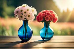 dos floreros con flores en un de madera mesa. generado por ai foto