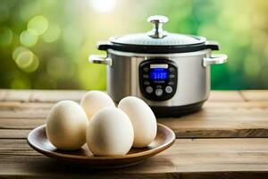 eggs on a plate next to an instant pot. AI-Generated photo
