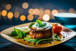a plate with a steak and vegetables on it. AI-Generated photo