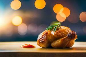 a chicken on a wooden cutting board with a bright background. AI-Generated photo