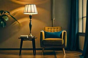 a yellow chair and lamp in a room. AI-Generated photo