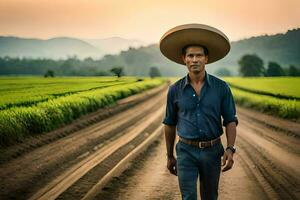 a man wearing a sombrero walks down a dirt road. AI-Generated photo